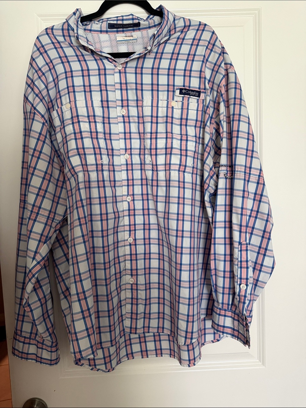 Columbia Men’s Pink and Blue Plaid Button-Down Shirt